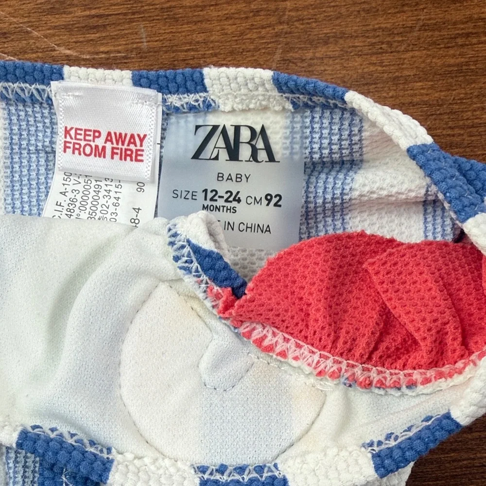 Zara Baby Blue and White Striped Bikini Bottom with Red Ruffles